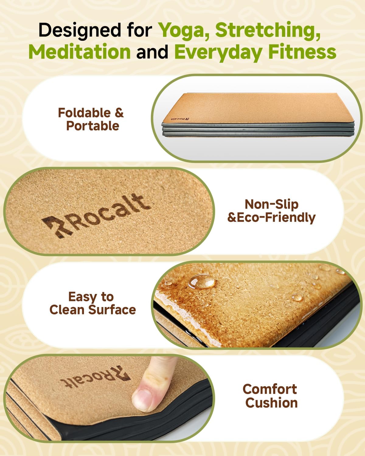 Rocalt Foldable Cork Yoga Mat, Non-Slip Lightweight Exercise Mat for Travel, Packable Workout Mat with Carrying Strap for Yoga Pilates Home Gym Floor Fitness - Image 3