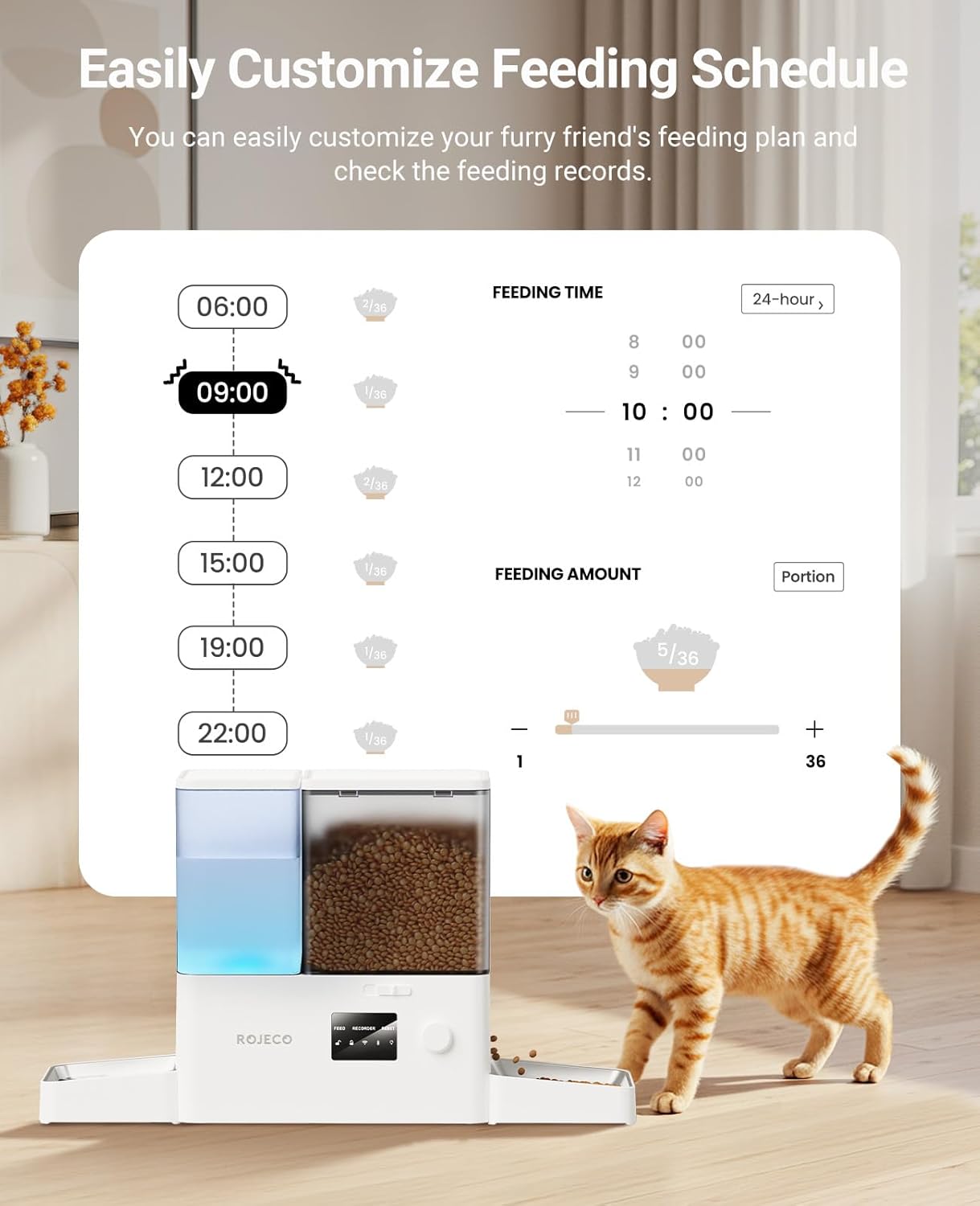 Rojeco 36Cups/8.5L WiFi Automatic Cat Feeder and Gravity Water Dispenser,Stainless Steel Bowls 2-in-1 Large Capacity 5L Food Dispenser with APP and 3.5L Water Fountain for Pets,Dogs,Puppies,Kittens - Image 6