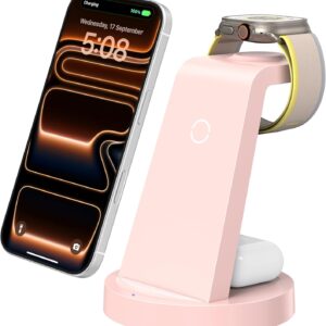 Anlmz 3 in 1 Charging Station for iPhone, Wireless Charger for iPhone 17 16e 16 15 14 13 12 11 X Pro Max & Apple Watch – Charging Stand Dock for AirPods (Pink)