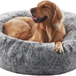 36 inches Donut Dog Bed for Large Dogs – Calming Fluffy Round Pet Bed with Removable & Washable Cover,Fits up to 80 lbs Pets (Dark Grey,Large)