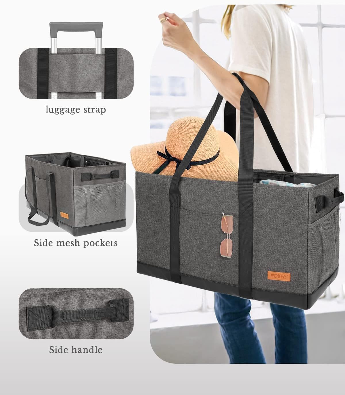 WONDAY Extra Large Utility Tote Bag - Standing Reusable Grocery Bag with Handle - Image 6