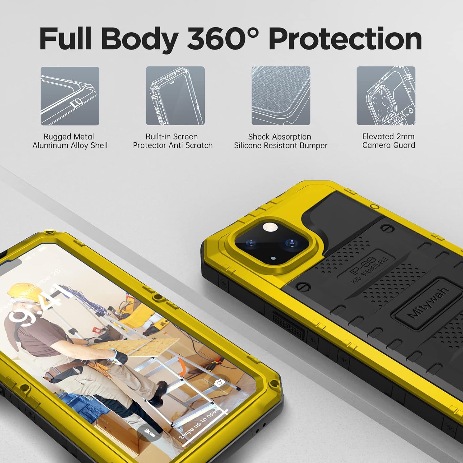 Mitywah Waterproof Case for iPhone 14, Heavy Duty Shockproof Case with Built-in Screen Protector, Full Body Underwater Protective Metal Case 6.1 inch, Yellow - Image 4