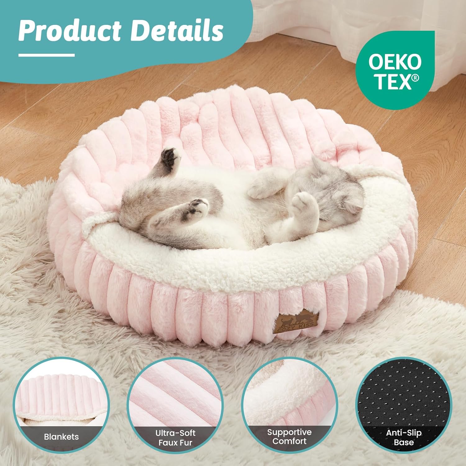 Cat Bed with Hooded Blanket, Round Fluffy Anti-Anxiety Pet Bed for Cats/Toy Breed Dogs, Cozy Donut Cuddler with Machine Washable Faux Fur & Anti-Slip Bottom(20"×20"×6",Pink) - Image 5
