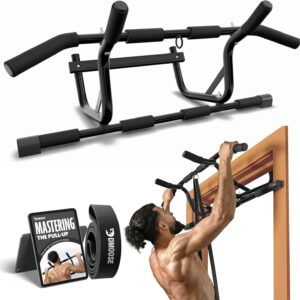 DMoose Fitness Pull Up Bar for Doorway – Upto 250 Lbs Capacity, No Screwing or Slipping, Hanging Pullup & Chin Up Bar for Door Frame – Multi Padded Grips for Strength Training with Installation Guide (Black Pro)