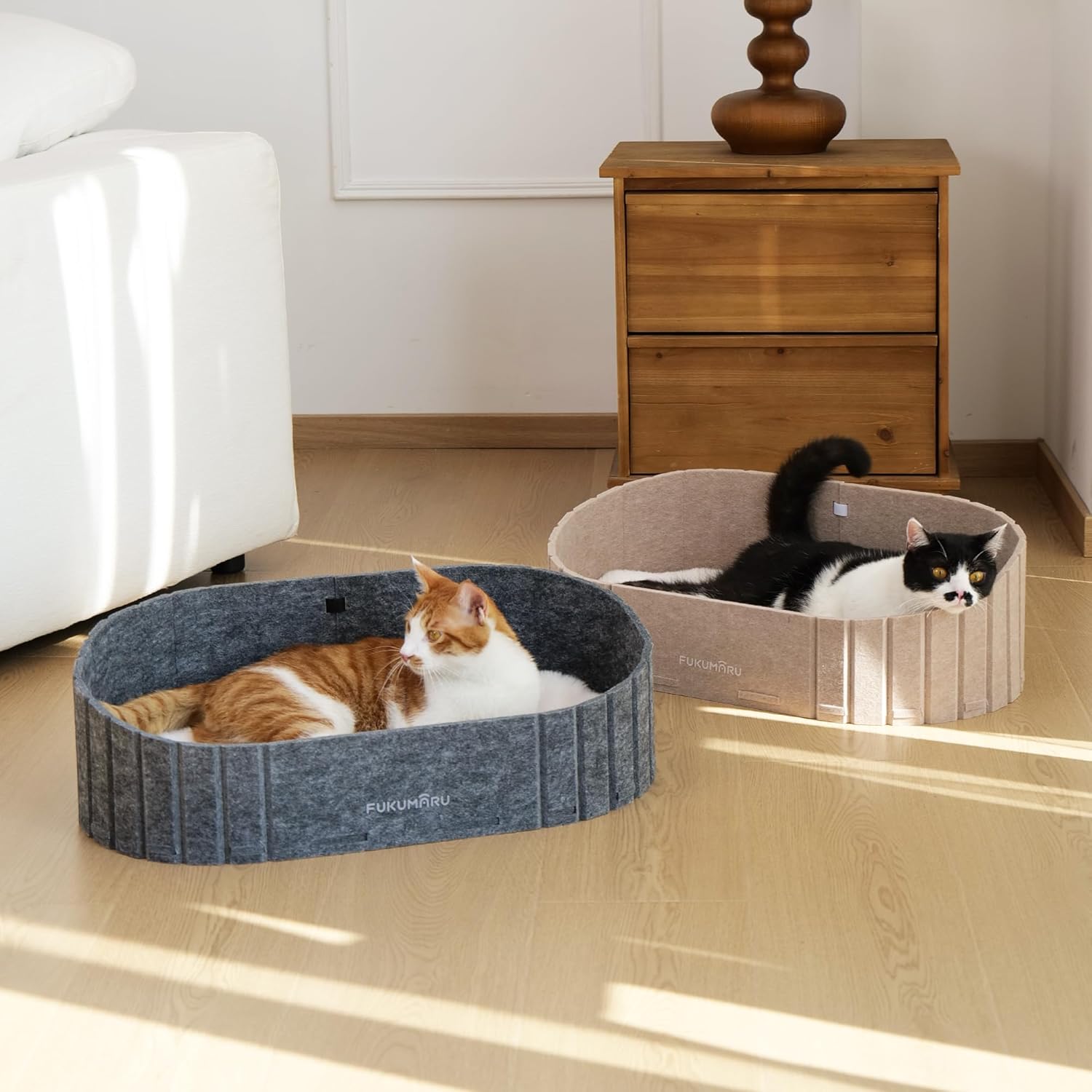 FUKUMARU Cat Beds for Indoor Cats, 24 Inch Large Cat Couch Bed with Cozy Faux Rabbit Fur Cushion, Felt Cats House Sofa in Oval Shape, Camel - Image 9