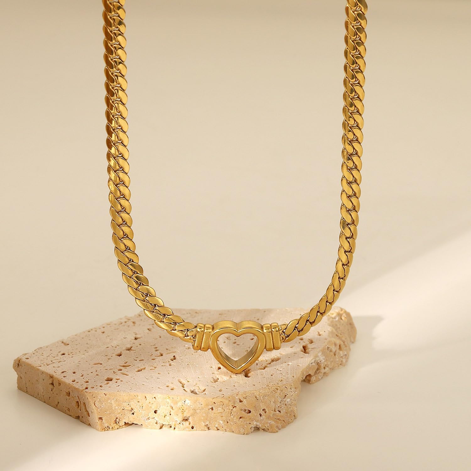 Minimalist 14K Gold-Plated Stainless Steel Snake Chain Necklace with Hollow Heart - Perfect for Mother’s Day and Special Occasions - Image 2