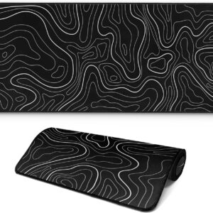 Large Computer Mouse Pad with Non-Slip Base for Desktop, Cute Gaming Mouse Mat with Stitched Edges, Long Extended Anime Mousepad for Laptop, 31.5 x 11.8 inches (Black Topographic Map)