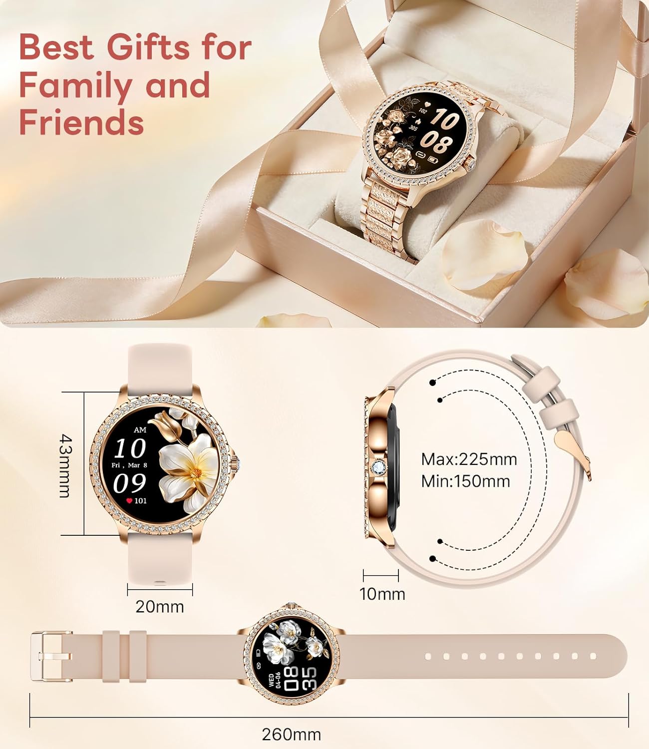 Smart Watch for Women Diamond, Bluetooth Calls, 1.32-inch HD Screen Round Fitness Tracker with Menstrual Cycle/Sleep/Heart Rate Monitor, 100+ Sports Mode, Android/iOS Phone, Rose Gold - Image 8
