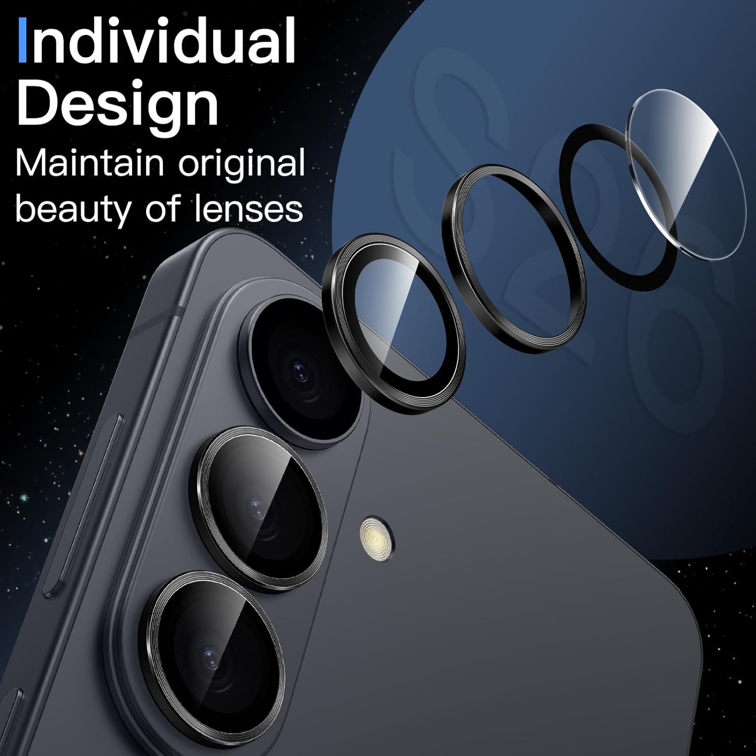 JETech Camera Lens Protector for Samsung Galaxy S26, 9H Tempered Glass Metal Individual Ring Cover, HD Clear, 1 Set (Black) - Image 8
