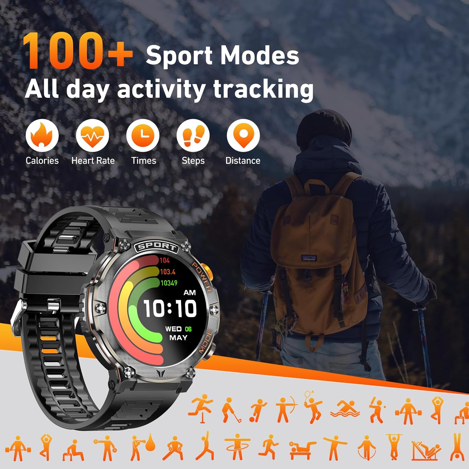 Military Smart Watch for Men 1,43" HD AMOLED Display(Answer/Make Call) 420mAh Battery Smart Watches IP68 Waterproof for Android/iOS 100+Sports Modes/Heart Rate/Sleep Silver - Image 7