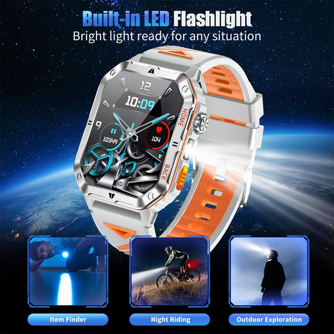 Military Smart Watch for Men, 2.01” Fitness Tracker with 1200mAh Battery Life, Bluetooth Calling, Flashlight, 5ATM Waterproof, Heart Rate & Sleep Tracking, 110+ Sports Modes for Android & iPhone - Image 4