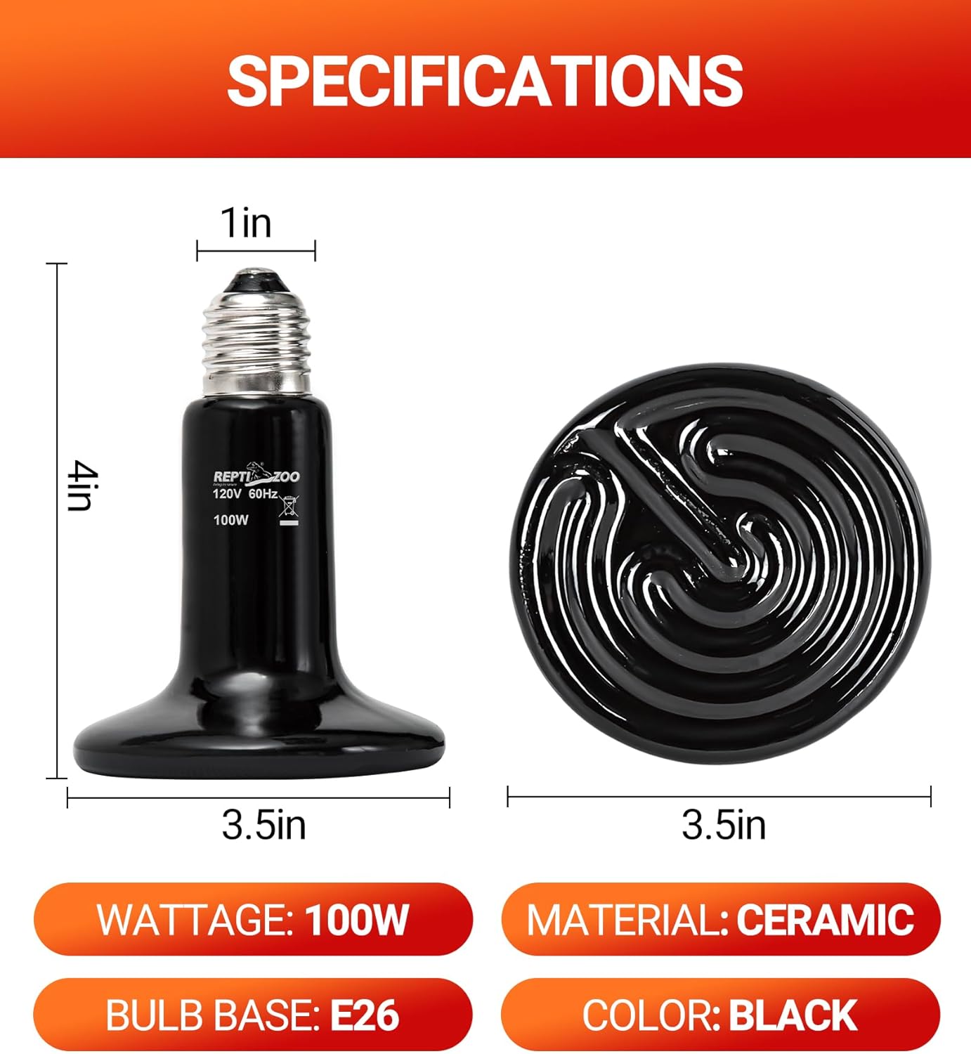 REPTI ZOO 100W Reptile Heat Lamp 2Pack Ceramic Heat Emitter Night Heat Lamp Bulbs Reptile Terrarium Heat lamp Tank Heat Bulb for Turtle Bearded Dragon Gecko Lizard Snake Chicken E26 - Image 2