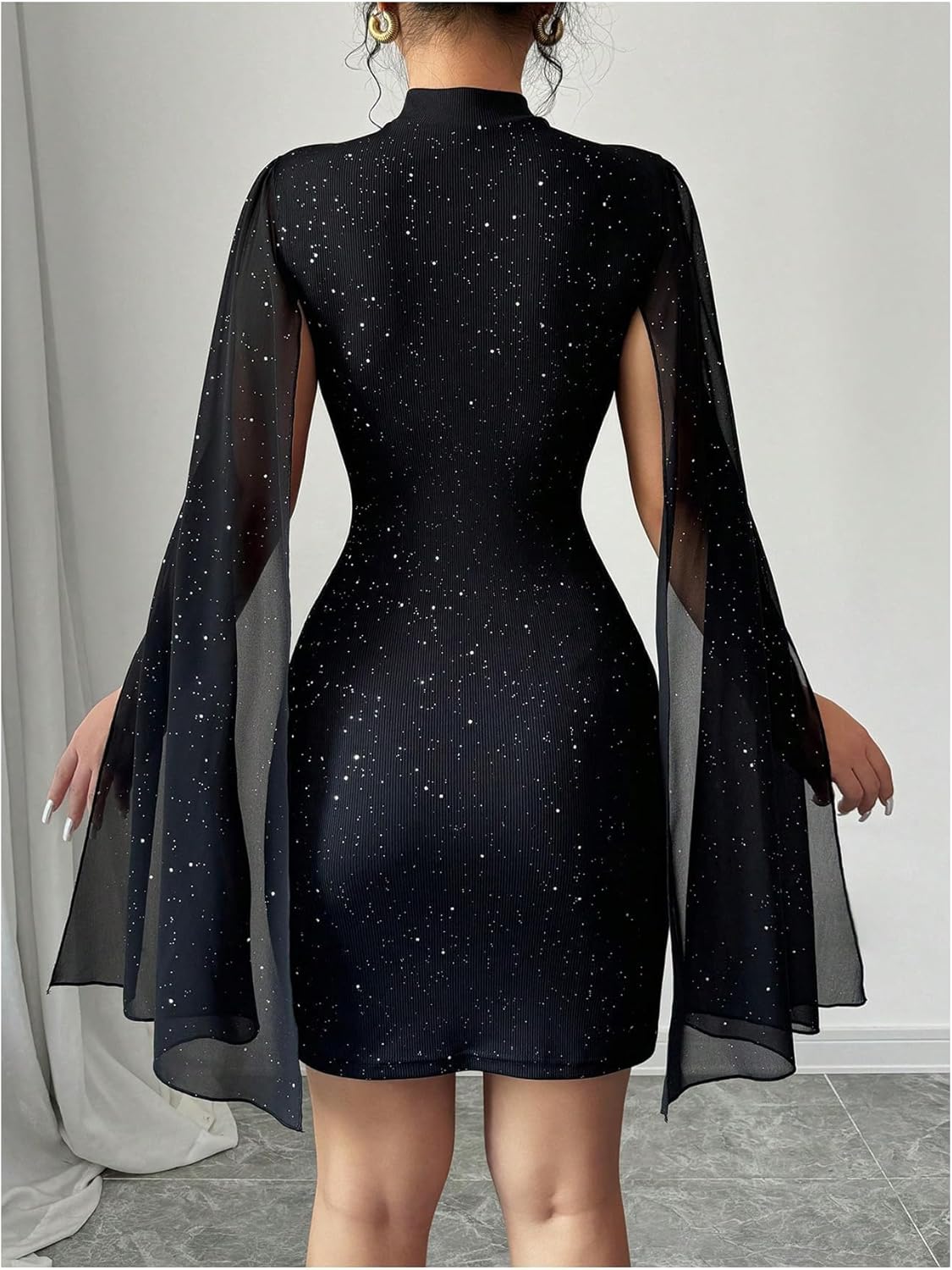 Women's Sexy Glitter Mini Dress Mock Neck Cloak Sleeve Cocktail Shimmering Elegant Dresses Wedding Guest Party Evening - Image 2