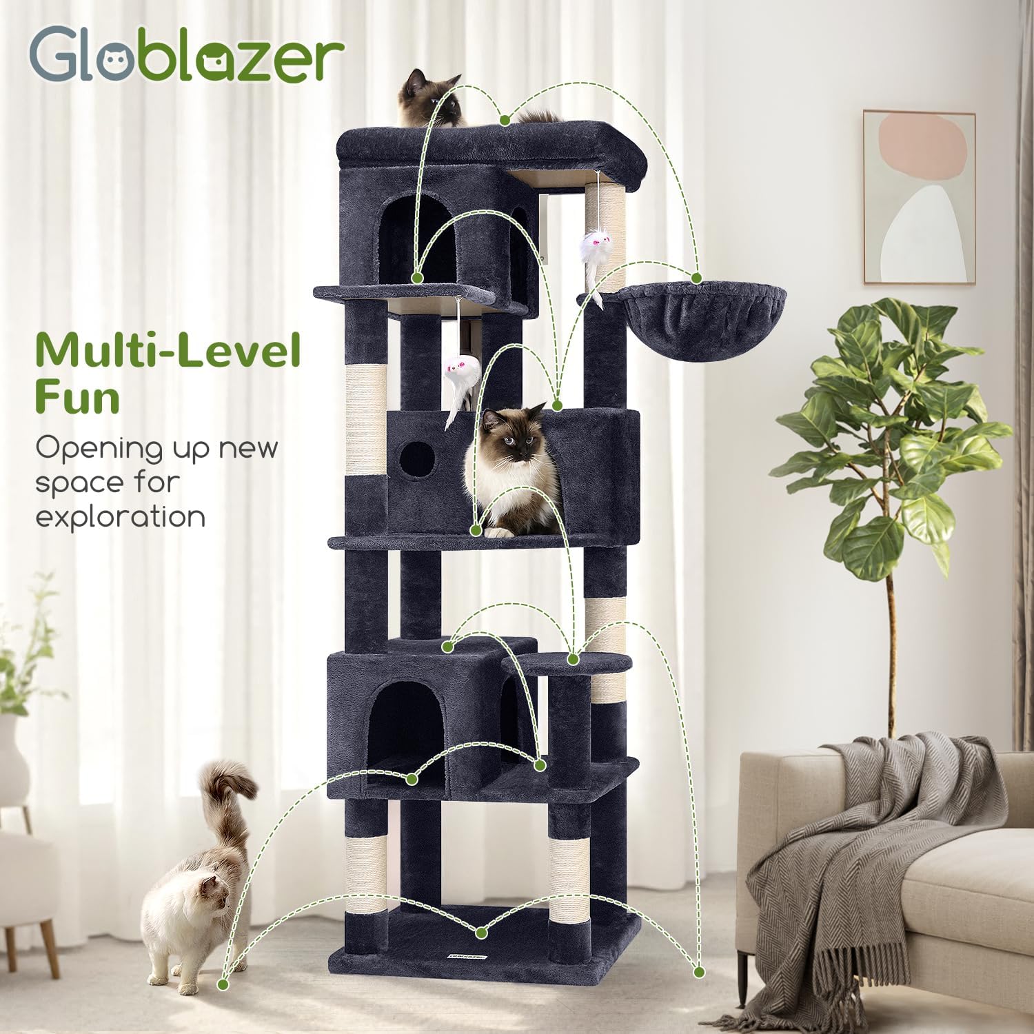 Globlazer Corner Cat Tree 66 inch Multi-Level Climbing Tower Kitty Condos Cat Scratching Tower for Indoor Multiple Cats with Large Platform, 3 Cat Caves, F66, Dark Grey - Image 7