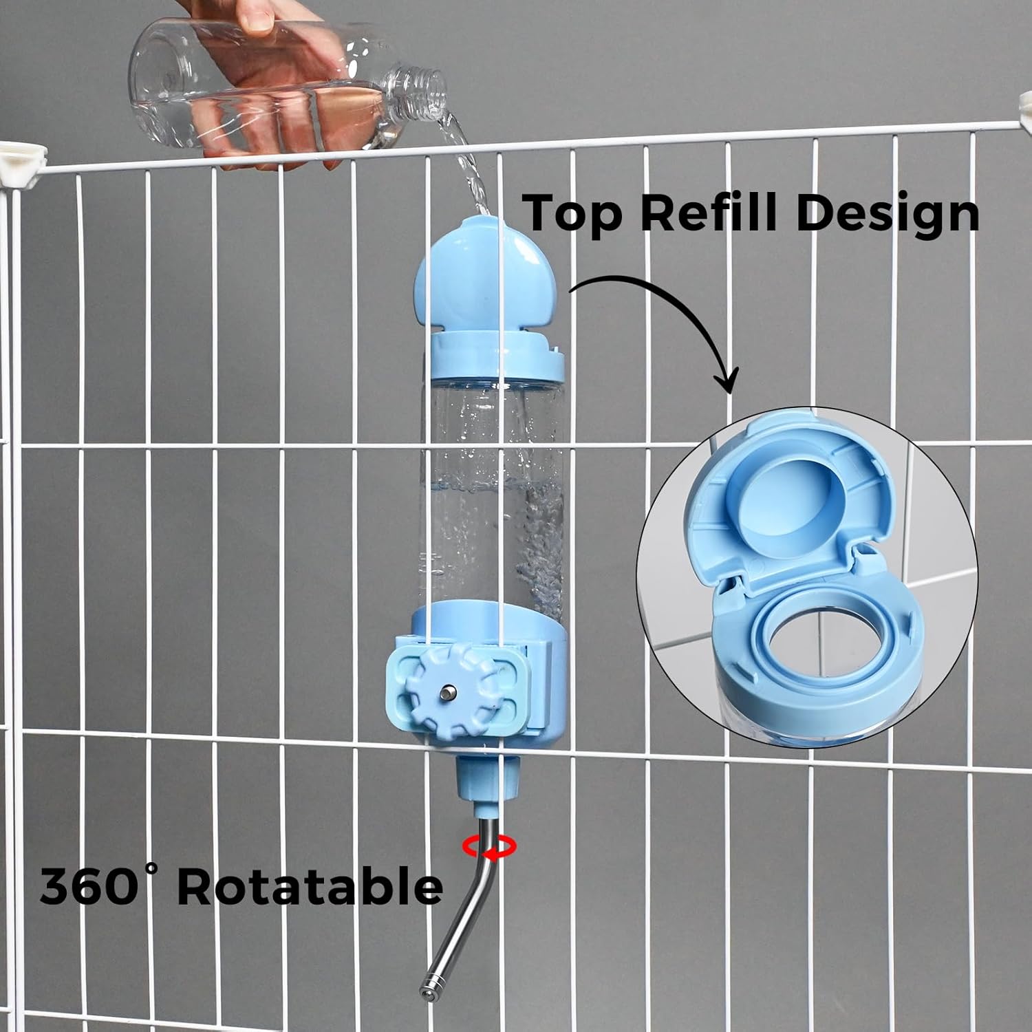 Vannon Top Fill Small Animal Water Dispenser for Cage, 23oz Auto Feeding Crate Water Bottle for Rabbit, Chinchilla, Ferret, Guinea Pig, Squirrel, Hedgehog, Pet Nozzle Diameter: 10mm, BPA Free, Blue - Image 9