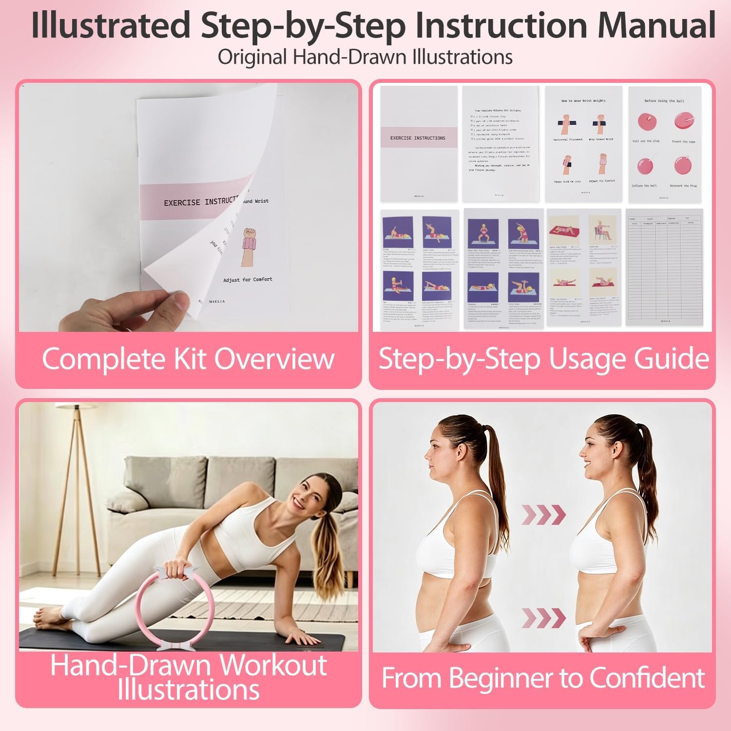 16 PCS Pink Pilates Ring and Ball Set for Women with 15" Magic Circle, Home Pilates Equipment Kit with Adjustable 1LB Ankle Wrist Weight, Resistance Band, Gliding Discs, Pilates Essentials Accessories - Image 6