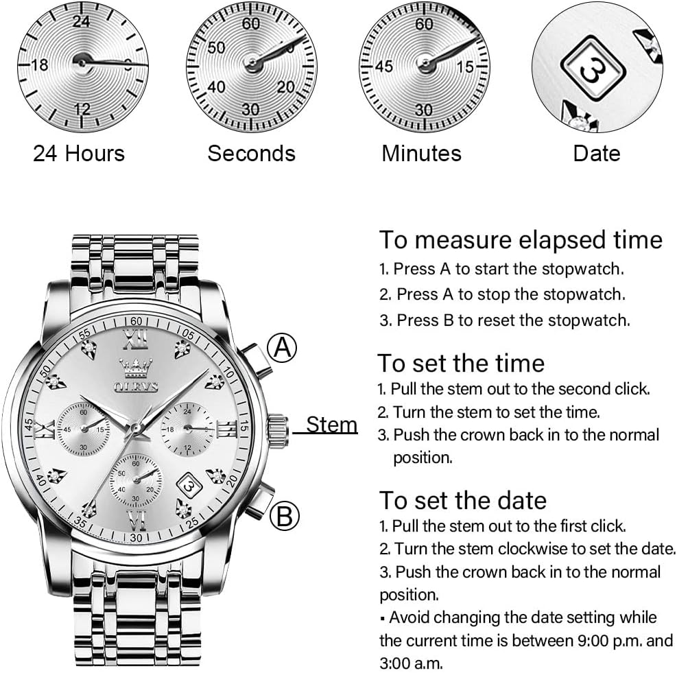 OLEVS Men's Stainless Steel Chronograph Watch, Big Face Gold Silver Black Tone Easy to Read Analog Quartz Watch, Luxury Waterproof Date Diamond Roman Arabic Numerals Dial Dress Watch for Men - Image 6