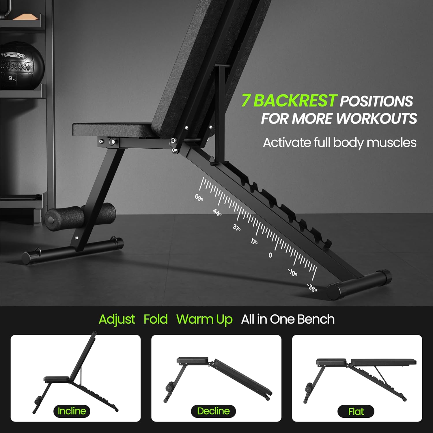 Adjustable Weight Bench for Home Gym, Foldable Workout Bench for Full Body Fitness Dumbbell Exercise, 600LBS Incline Decline Flat Bench with Resistance Bands for Strength Training - Image 3