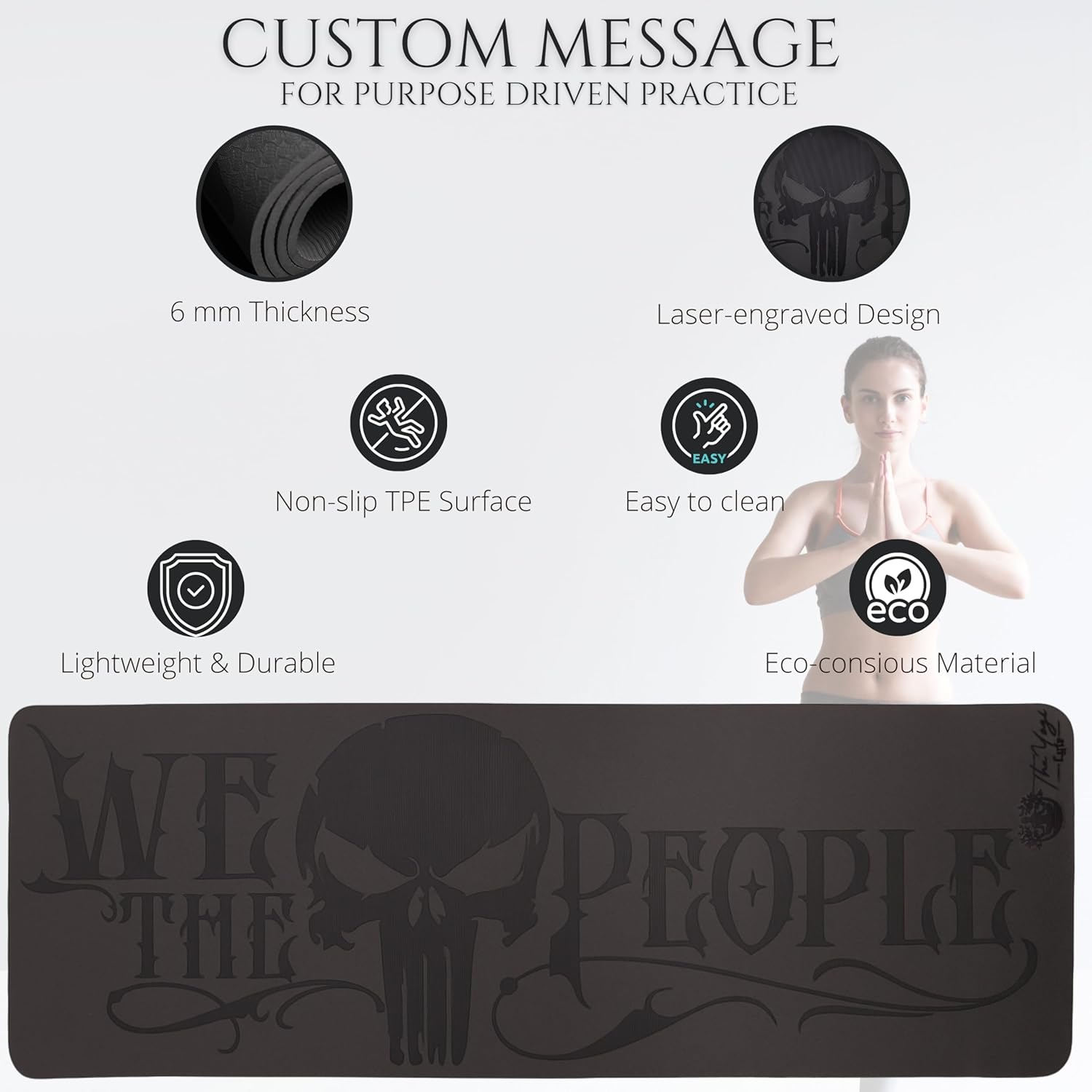 Hero Lyfe Yoga Mat – “We the People” Skull Engraving, Non-Slip Black TPE, 72" x 24" x 6mm, Patriotic Fitness Mat for Veterans and First Responders - Image 3