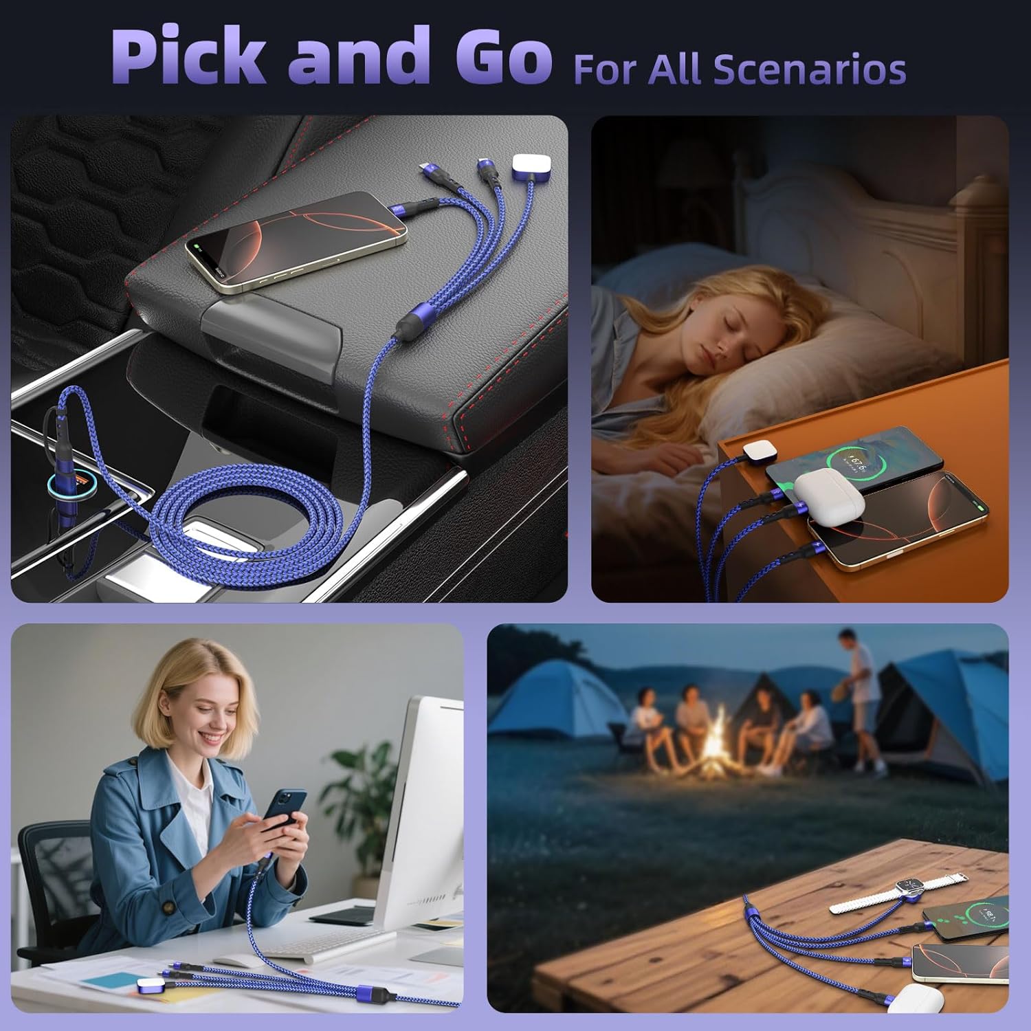 Cruise Travel Essentials 3 Type-C Ports 4 in 2 Multi Charging Cable for iWatch Charger/ iPhone17, USB C Splitter USBA/USBC Cable for iWatch Ultra/SE/11-2, iPhone17-15/S26/Car Charger, More, 5FT Blue - Image 4