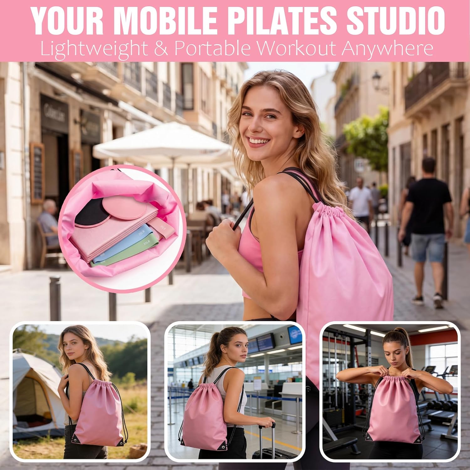 Pilates Kit with Foldable Pilates Mat,Portable Home Pilates Kit Workout,Lightweight Pilates Set for Travel & Small Spaces,14.5" Pilates Ring and Ball,Resistance Bands & Core Sliders,Gift for Mom,Pink - Image 8