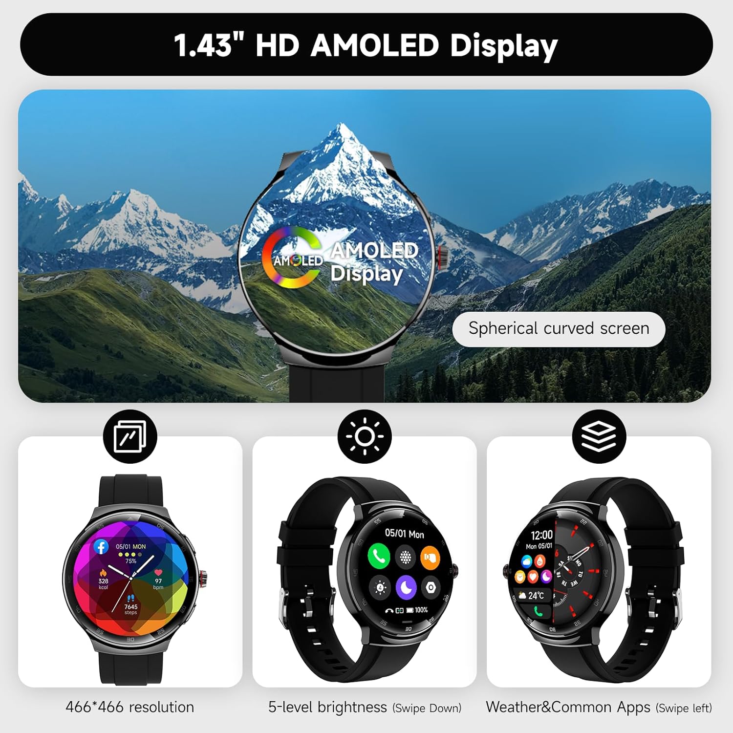Smart Watches for Men Women, 1.43'' AMOLED Touchscreen Smartwatch for Android & iPhone, 150+ Sports Modes, Waterproof Fitness Tracker, Heart Rate/SpO2/Stress/Sleep Monitor, 2 Bands, Black - Image 3