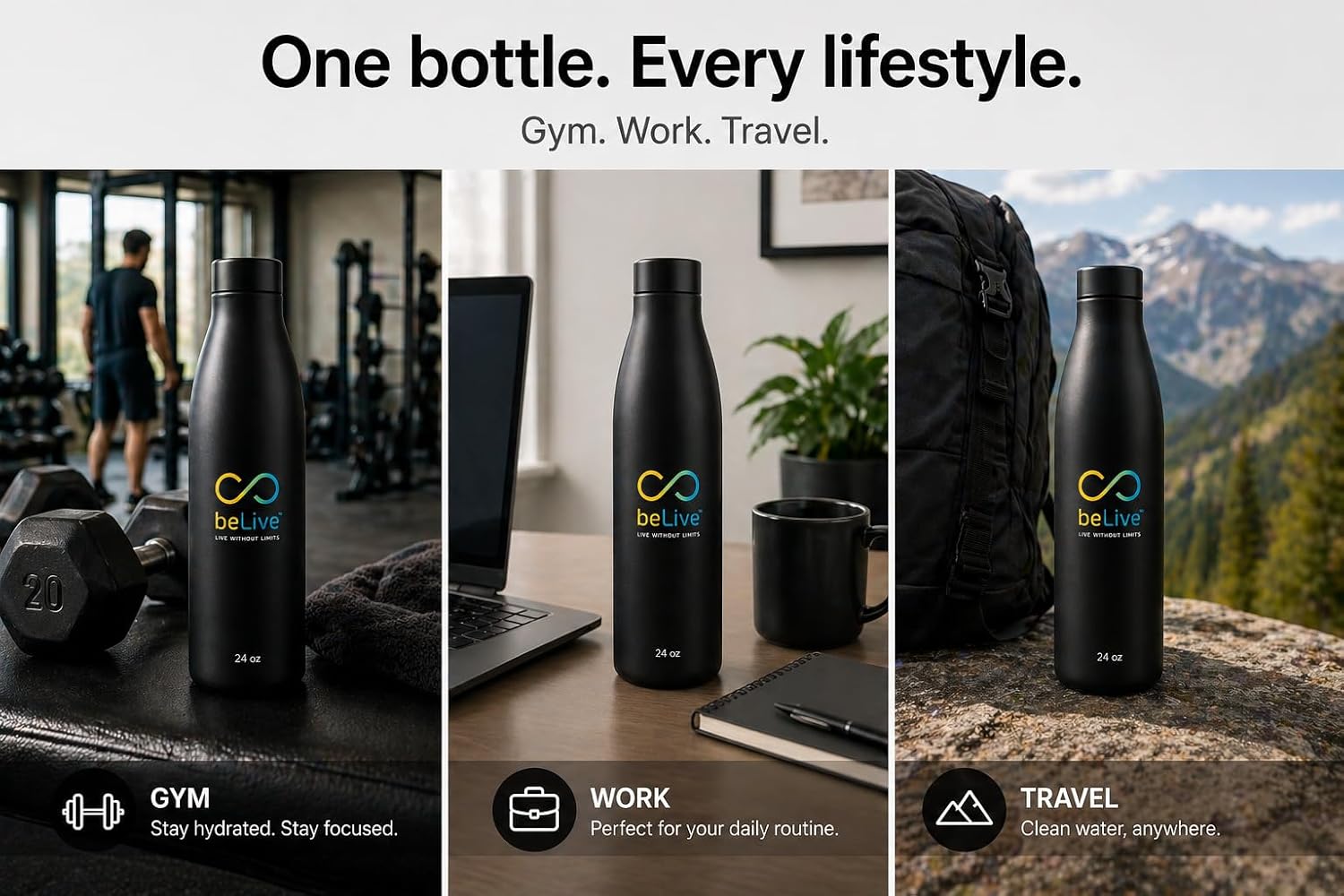 BeLive Smart Water Bottle 24oz – UV-C Self Cleaning, Temperature Display (°C/°F), Hydration Reminder, USB-C Rechargeable, Insulated Stainless Steel Bottle (Black) - Image 4