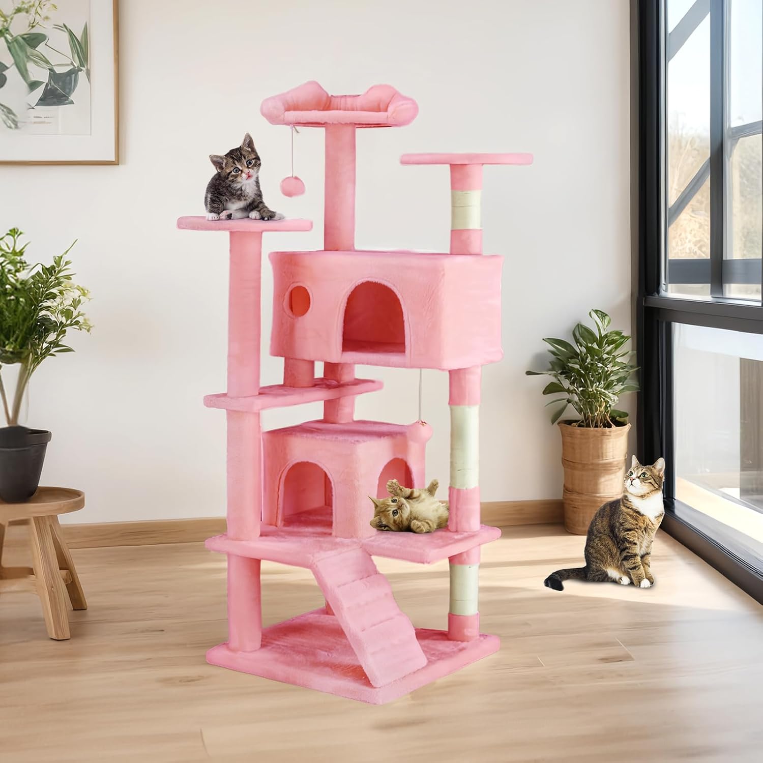 Sweetcrispy 54 Inch Cat Tree Tower, Multi-Level with Cat Scratching Post, Indoor Cat Condo with Climbing Ladder, Plush Toy, Play House for Cat, Pink - Image 7