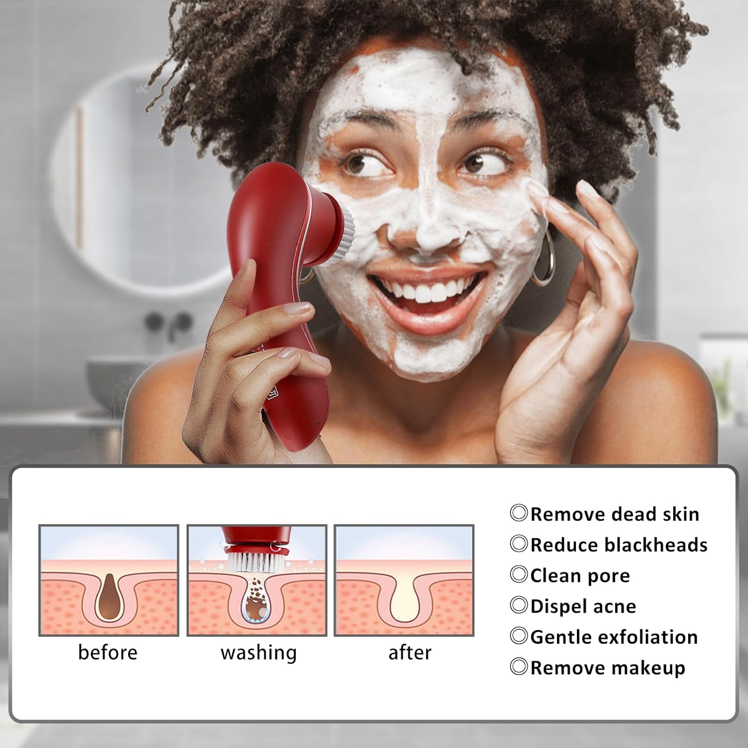 Facial Cleansing Brush, Electric Face Scrubber, Facial Cleansing Brush Rechargeable IPX-7 Waterproof Rotating Face Scrubber for Exfoliating, Massaging and Deep Cleansing with 4 Brush Heads - Image 2