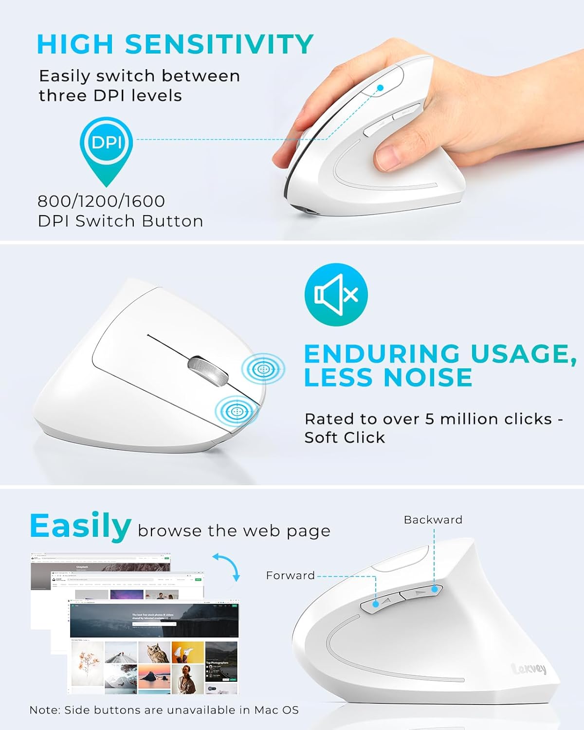 Lekvey Ergonomic Mouse, Vertical Wireless Mouse, Rechargeable 2.4G Optical Carpal Tunnel Mice with USB Receiver: 1000/1200/1600 DPI, 6 Buttons, for Laptop, Computer, Mac, PC, Desktop, Notebook, White - Image 5