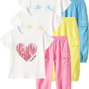 Girls 6 Piece Outfits Casual Cargo Jogger Pants and Basic Love Graphic Print Short Sleeve Top Set 4-12 Years