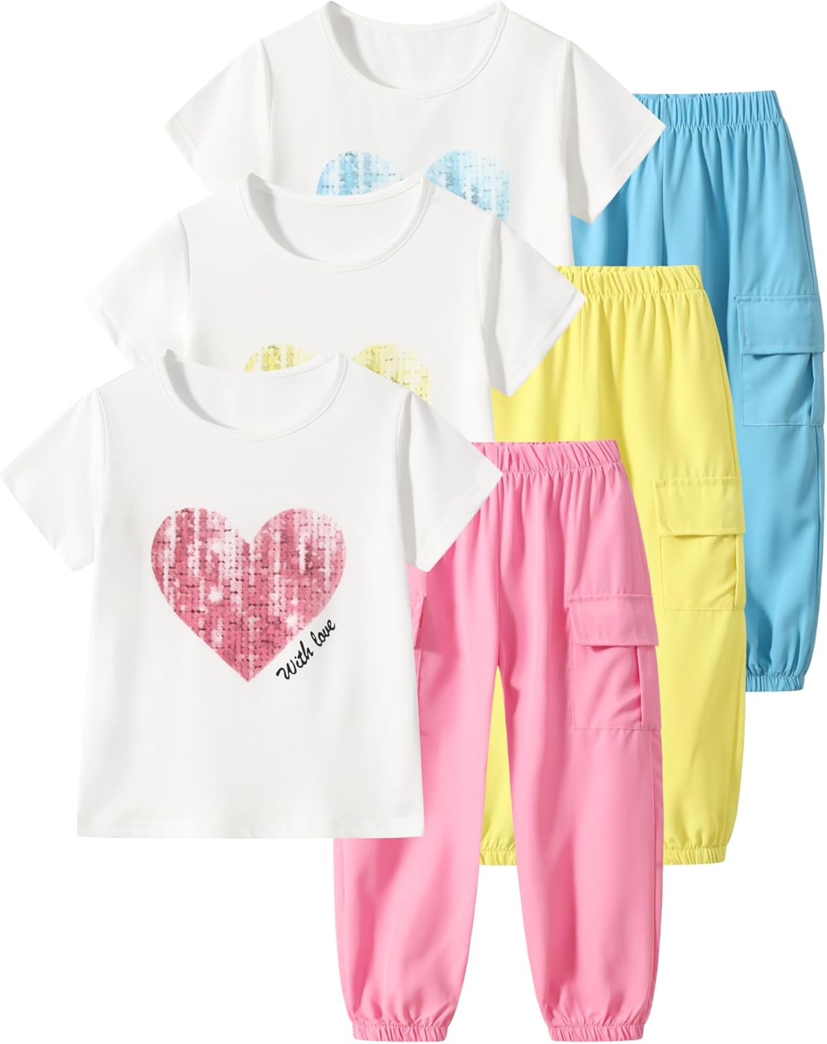 Girls 6 Piece Outfits Casual Cargo Jogger Pants and Basic Love Graphic Print Short Sleeve Top Set 4-12 Years