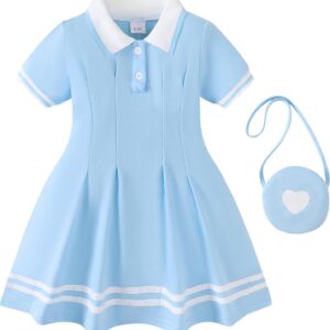 Renotemy Infant Baby Girl Dress Toddler Girls Summer Clothes School Outfits Cotton Short Sleeve Polo Dresses with Bag 12M-5T