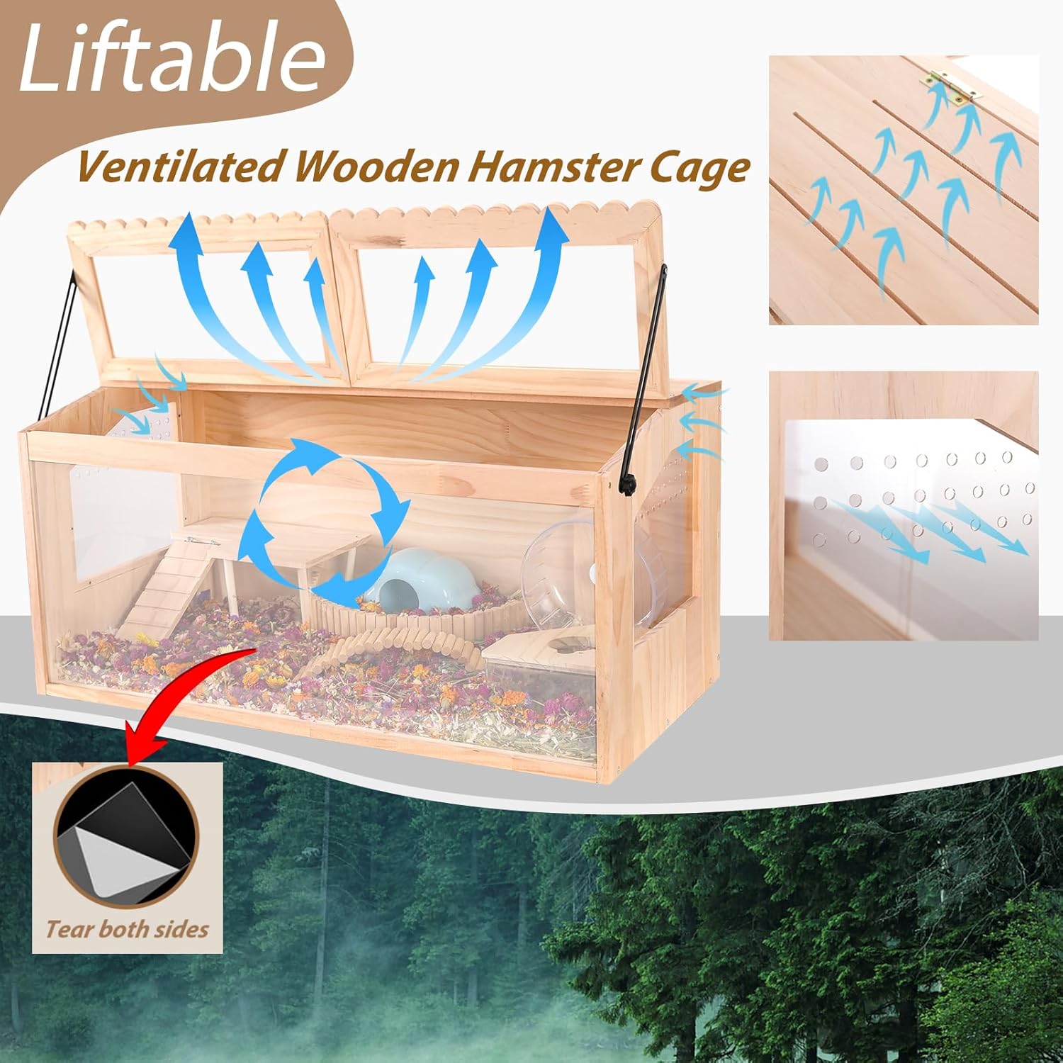Wooden Hamster Cage,32"x16"Large Hamster Cage,2 Washable Liners & 2 Adjustable Ventilation Window. Small Animal Cage for Dwarf Syrian Hamsters Degus Mice & Other Small Pets. - Image 7