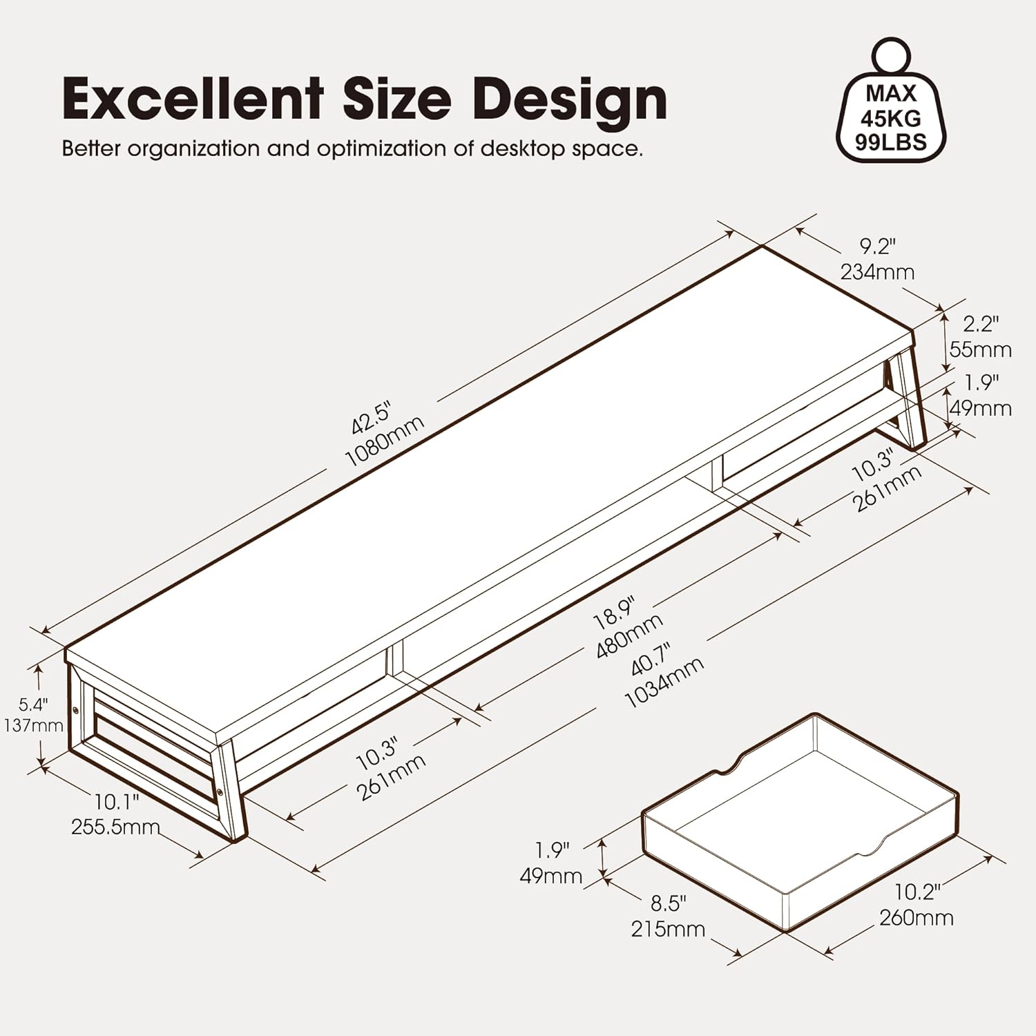 Fenge Dual Monitor Stand, Monitor Riser with Drawer, 42.5 Inch Large Computer Monitor Stand for 2 Monitors, 2 Tier Wooden Desk Shelf for Top of Desk - Image 5