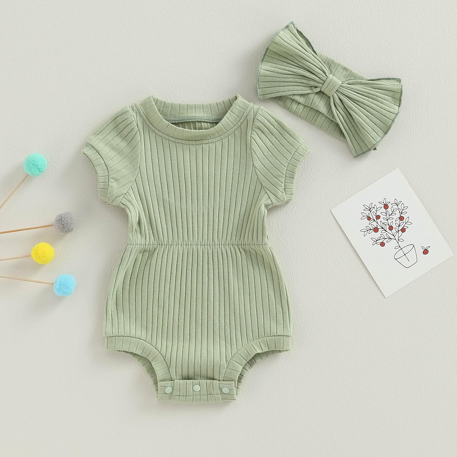 FOCUSNORM Baby Girl Summer Clothes Ribbed Short Sleeve Romper Solid Color Bodysuits Bow Headband Outfit Newborn Girl Jumpsuit - Image 5