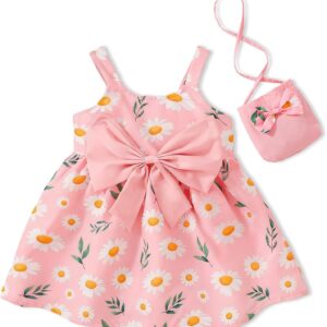 Toddler Baby Girl Dresses Summer Outfits Sleeveless Bowknot Clothes Infant Casual Sundress for Cute Girl Hat+Bag