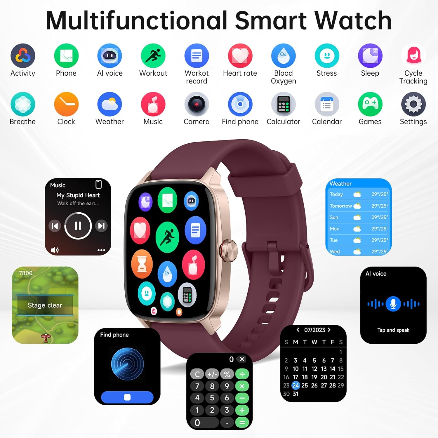 Smart Watches for Women Men with Bluetooth Call & AI Voice, 1.85" HD Fitness Tracker with Heart Rate SpO2 Sleep Monitor, 100+ Sports Modes,Mini Games, IP68 Waterproof Smartwatch for Android iOS Phones - Image 4