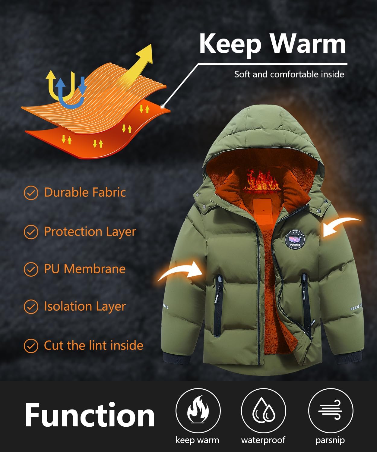 Kids Boy's Winter Coat Fleece Lined Waterproof Jacket Puffy Cotton Coat Thick Hooded Down Outdoor Coats - Image 4