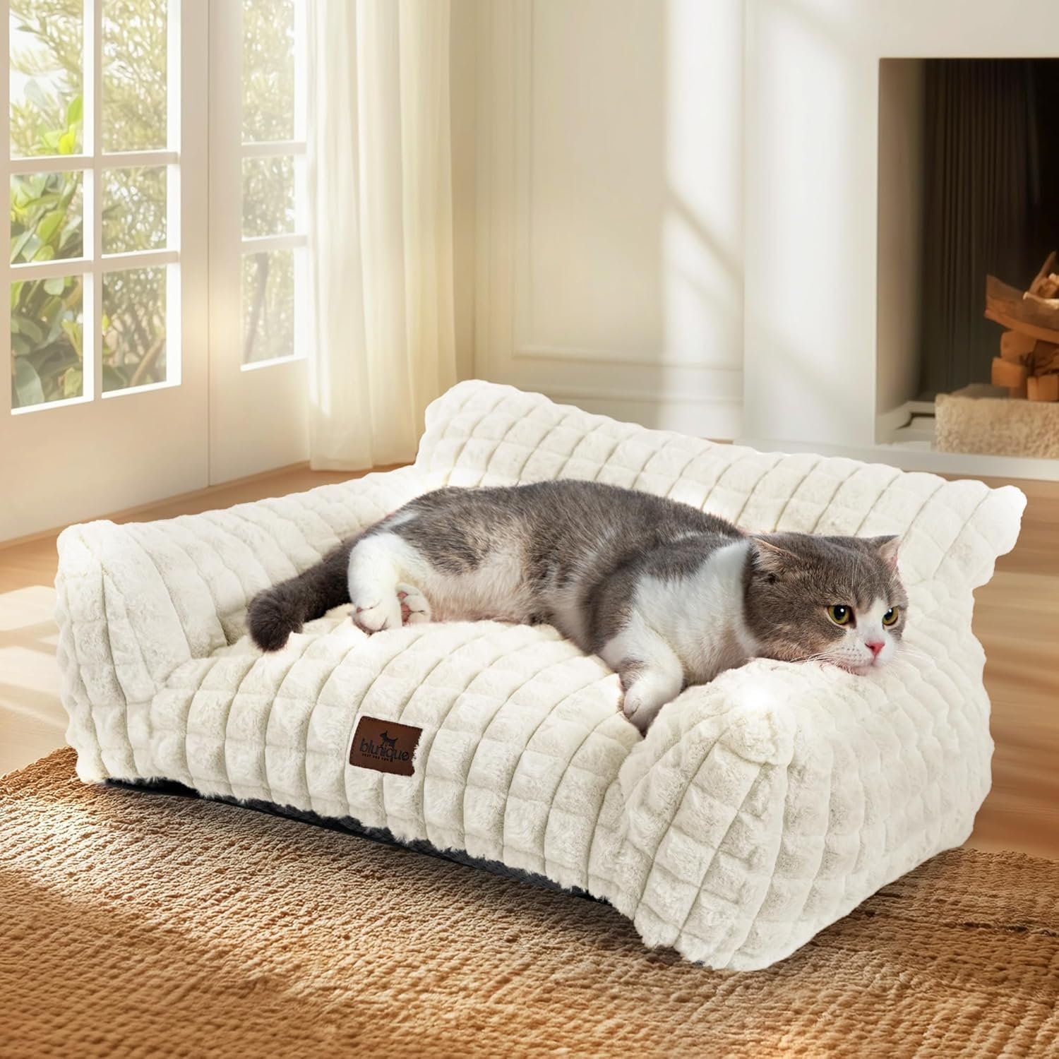 Cat Beds for Indoor Cats - Cute Cat Couch Bed Fluffy Pet Sofa with Faux Rabbit Fur Washable Cover, Fuzzy Pet Couch in 3D Diamond Pattern, Suppportive Large & Small Cats Sofa, 24inch Off White - Image 9