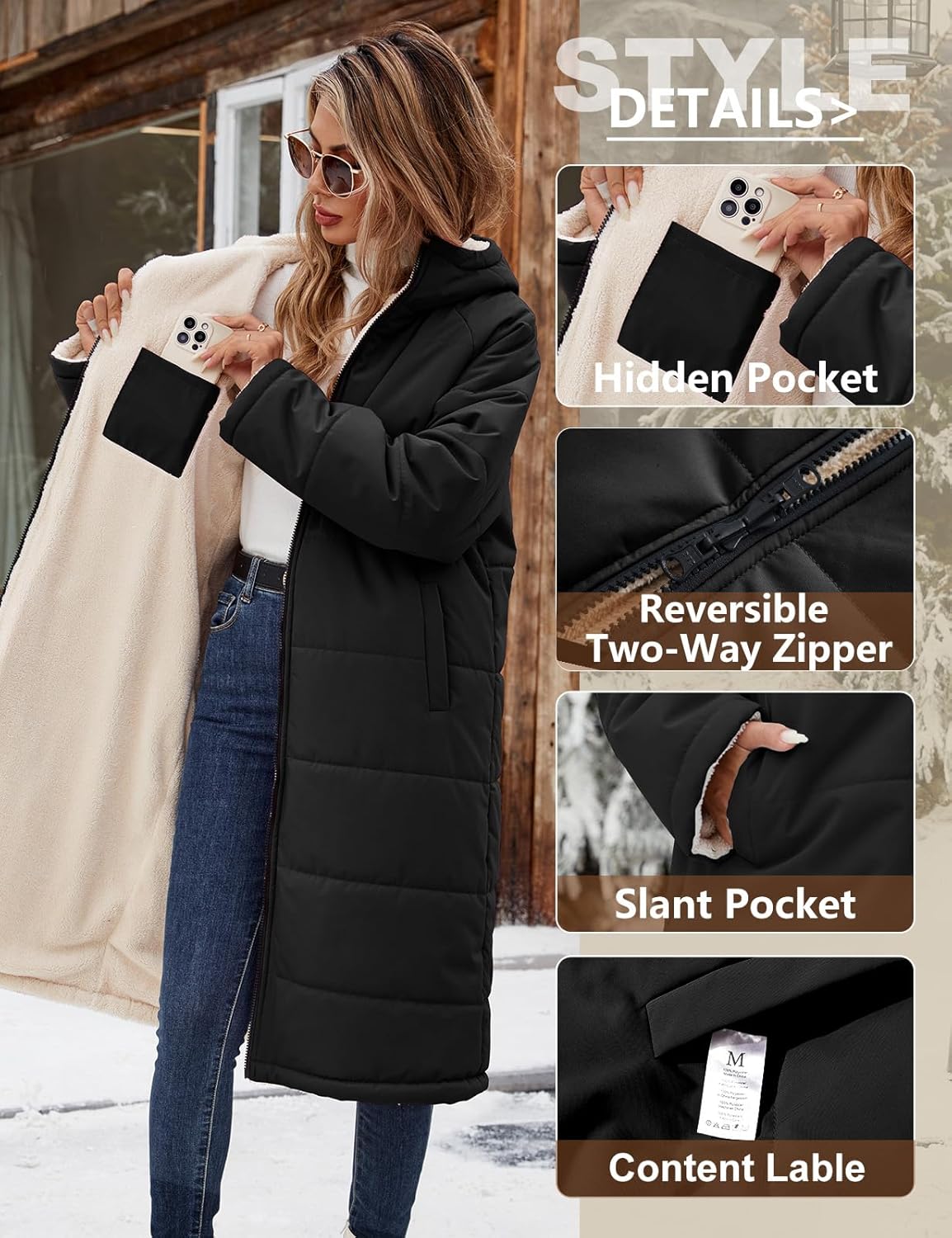Womens Winter Coat Long Coats Sherpa Fleece Quilted Puffer Jackets with Hood Zip Warm Thicken Outwear - Image 5