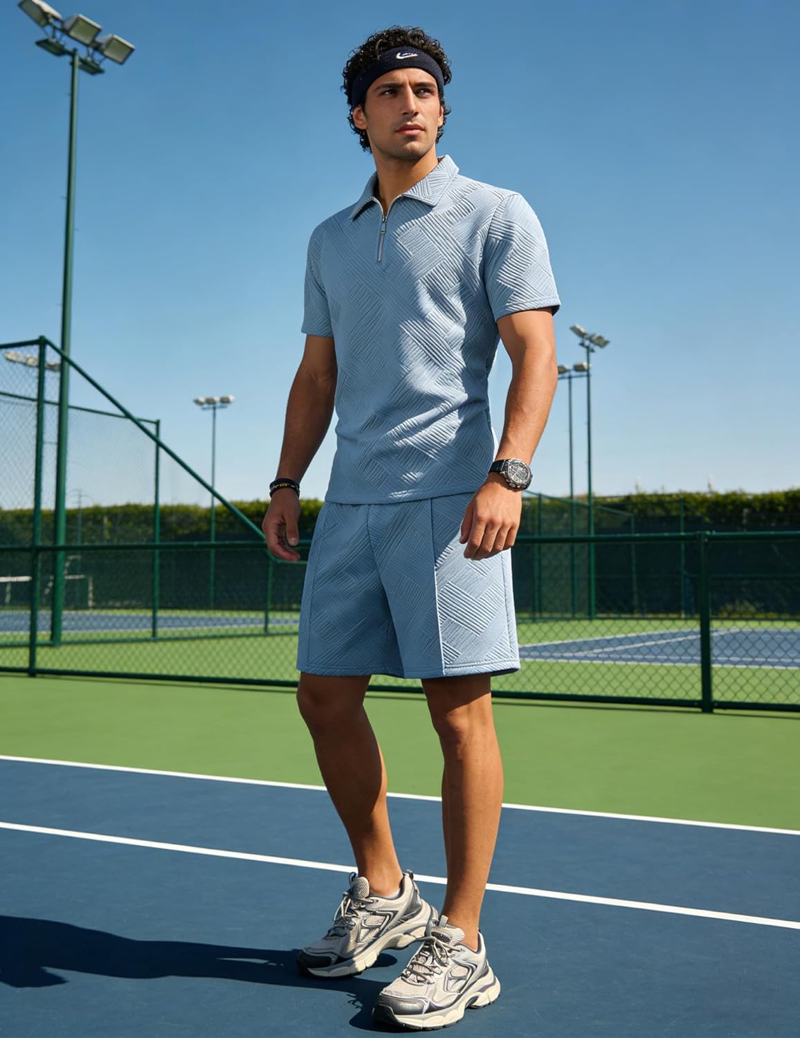 UOUA Mens Summer Track Suits 2 Piece Shorts Sets Short Sleeve Sweatsuit Outfits 1/4 Zip Golf Polo Shirts Loungewear - Image 2