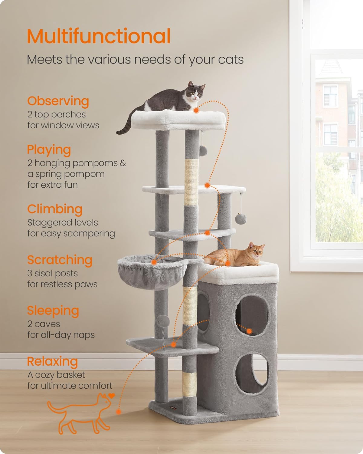 Feandrea Cat Tree, 60-Inch Cat Tower, Multiple-Level Plush Condo with 2 Caves, 3 Scratching Posts, 3 Perches, Dove Gray UPCT007G01 - Image 6