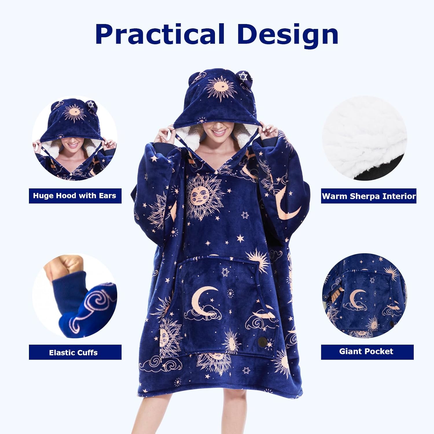 THREE POODLE Wearable Blanket Hoodie for Women, Oversized Sherpa Sweatshirt Blanket for Adults Men, Cozy Hooded Blankets, Gifts for Teen Girls Women Mom Sister - Image 3
