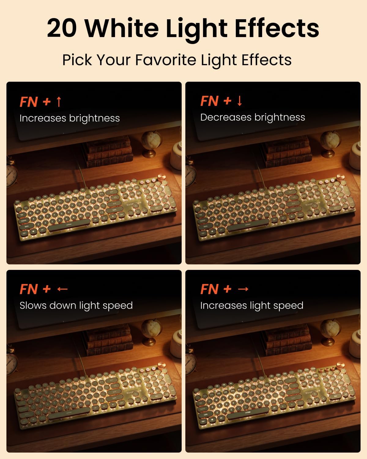 EWEADN Wired Typewriter Mechanical Keyboard, Low Noise Pink Switch Retro Punk Keyboard with Media Knob, White Backlit, Metal Panel, 104-Key Round Keycaps Cute Keyboard for Windows PC - Green - Image 6