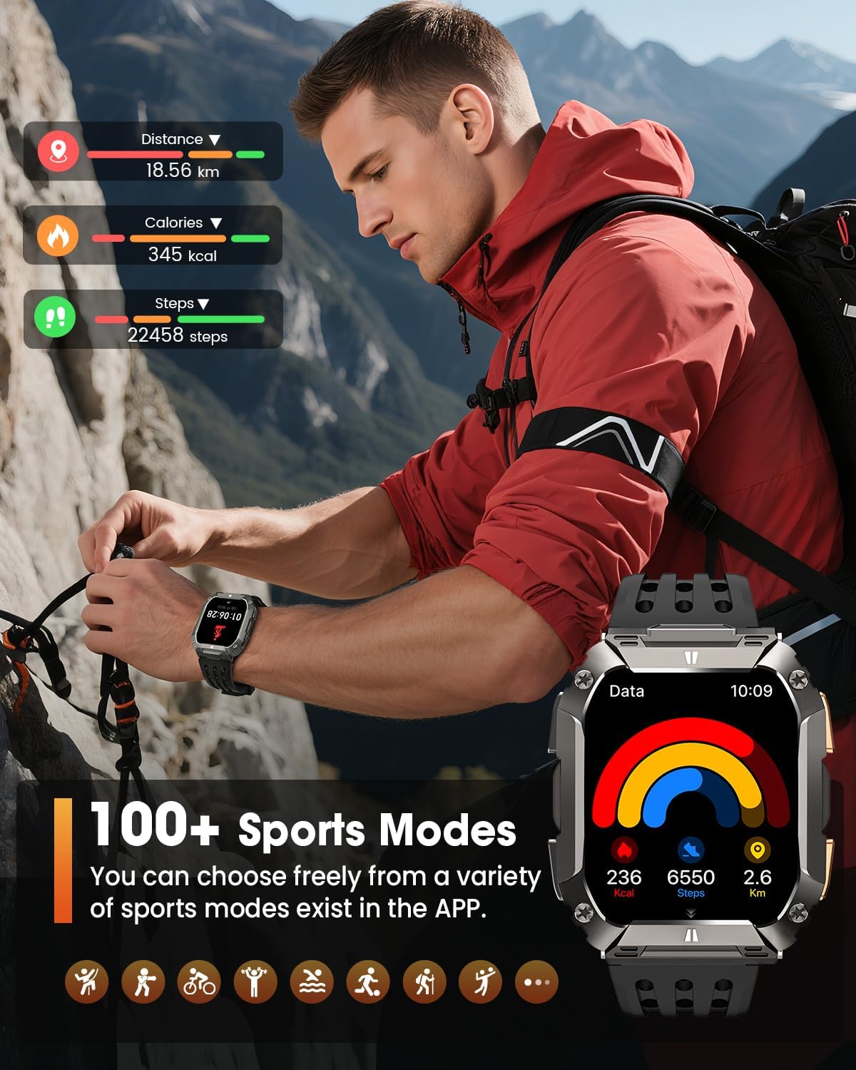 Smart Watches for Men Fitness Watch: 100 Days Battery Life/Call/Answer 1.95'' Mens Military Smart Watch for Android & iPhone, Fitness Tracker with Flashlight/Heart Rate Sleep Monitor/100+ Sport Modes - Image 2