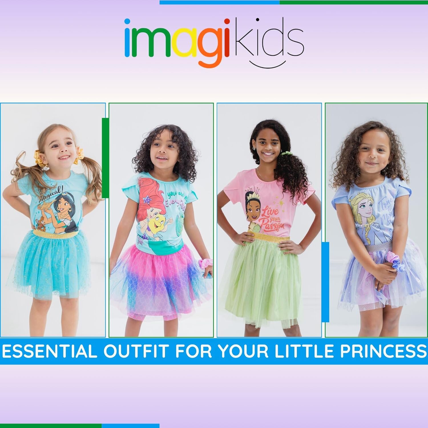 Disney Princess Moana Frozen Girls T-Shirt Tulle Mesh Skirt and Scrunchie 3 Piece Outfit Set Toddler to Big Kid - Image 2