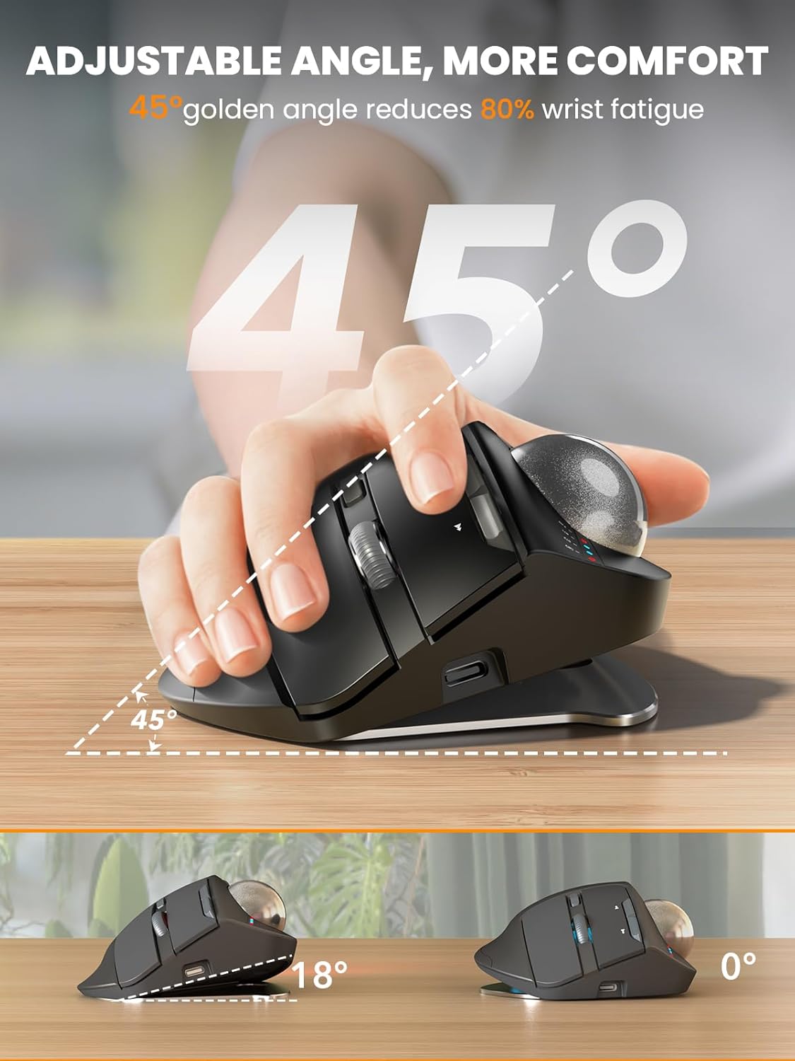SABLUTE MAM1 Pro Ergonomic Wireless Trackball Mouse, Adjustable 0°/18° Angle, Thumb Control, Quiet Clicks, 3 Multi-Device Bluetooth & USB Receiver, Rechargeable Mouse for Office, Windows Mac - Image 2