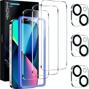 TZGZT [True 9H+ Shatterproof] 3 Pack for iPhone 13 Screen Protector Tempered Glass Film, with 3 Pack Camera Lens Protector Accessories, Phone Case Friendly, with Alignment Frame, Ultra HD