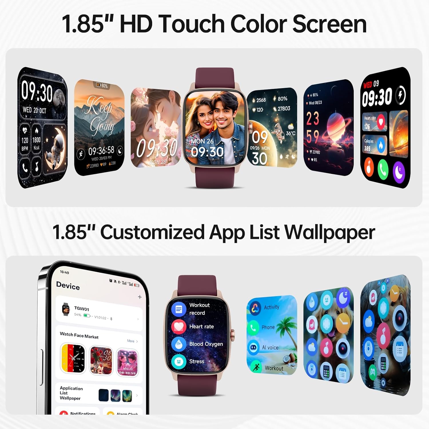 Smart Watches for Women Men with Bluetooth Call & AI Voice, 1.85" HD Fitness Tracker with Heart Rate SpO2 Sleep Monitor, 100+ Sports Modes,Mini Games, IP68 Waterproof Smartwatch for Android iOS Phones - Image 7